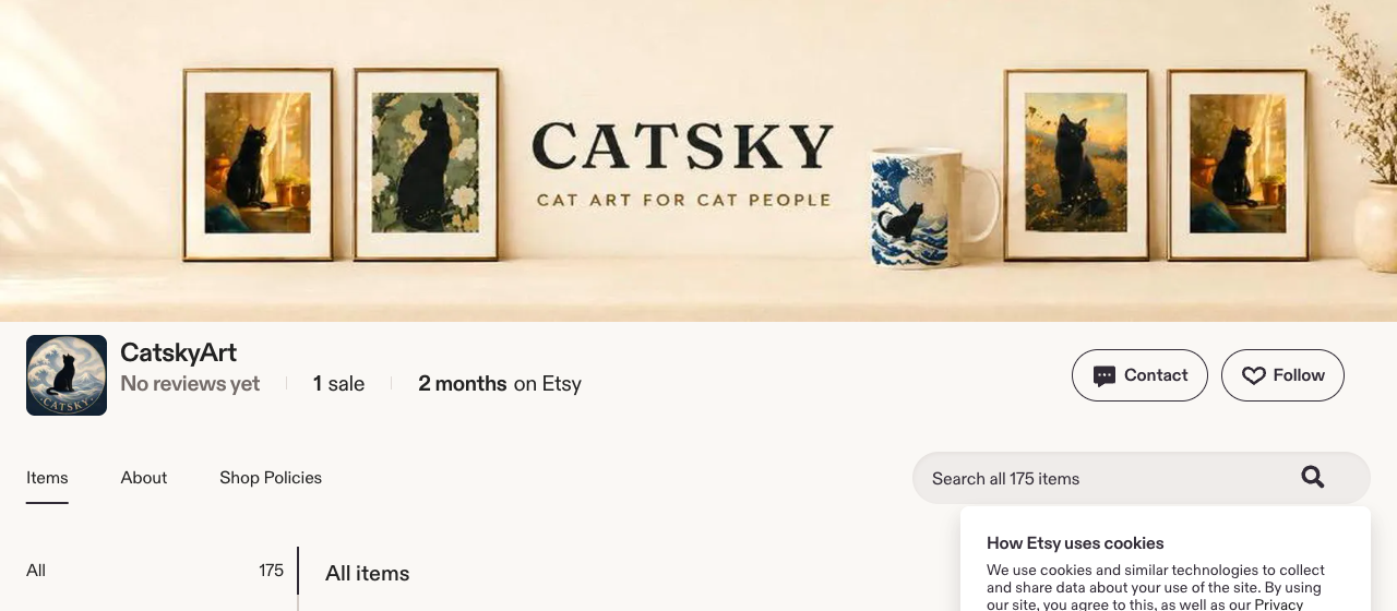 The CatskyArt shop on Etsy — cat merch for cat people