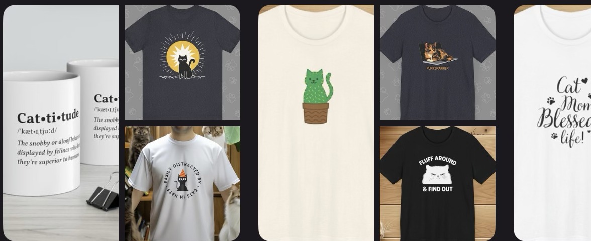 Catsky Designs Etsy shop products - cat themed mugs and t-shirts